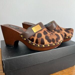 NIB! Dolce Gabbana Size 36.5 • Leopard Fur Brown Pony Clogs.